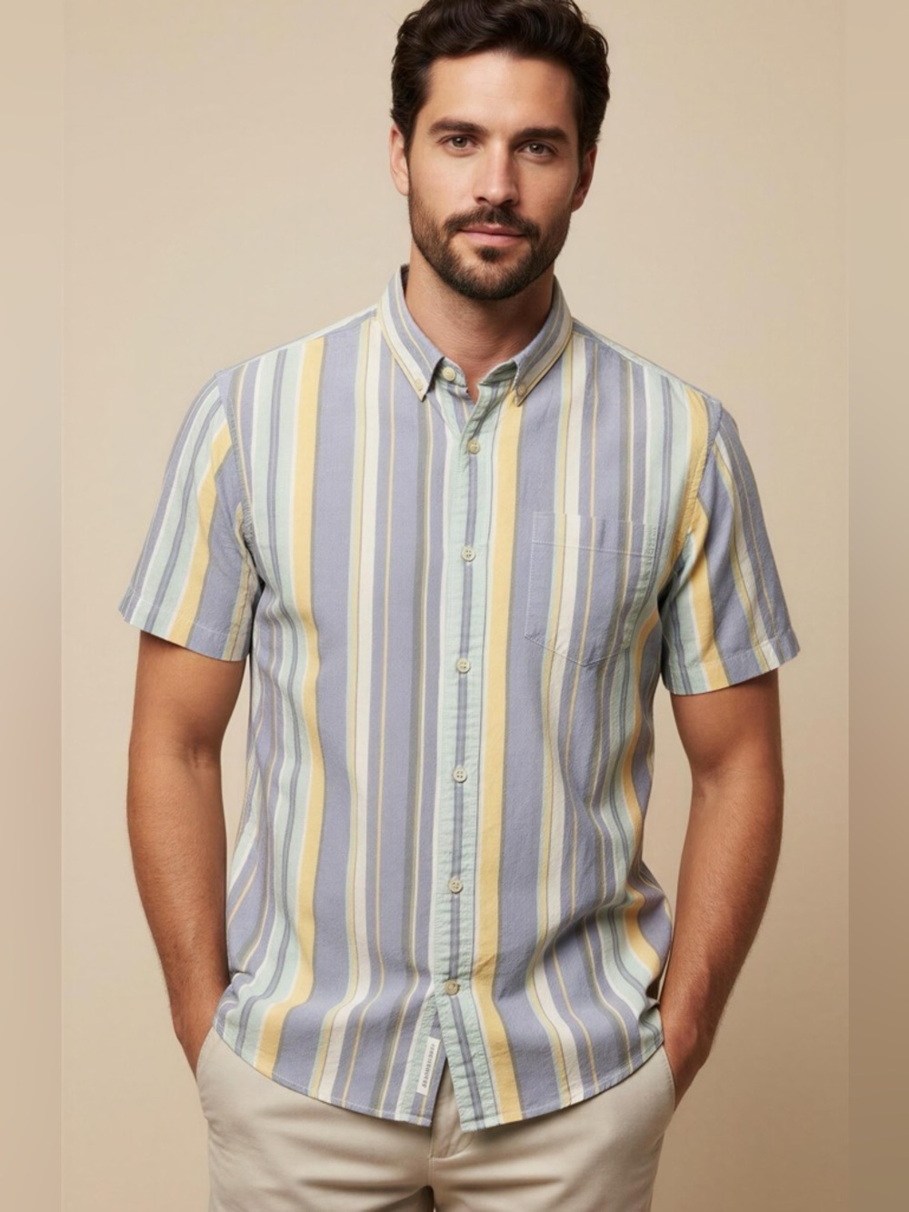 The Rail Blue and Yellow Striped Button-Down Cotton Short Sleeve Shirt